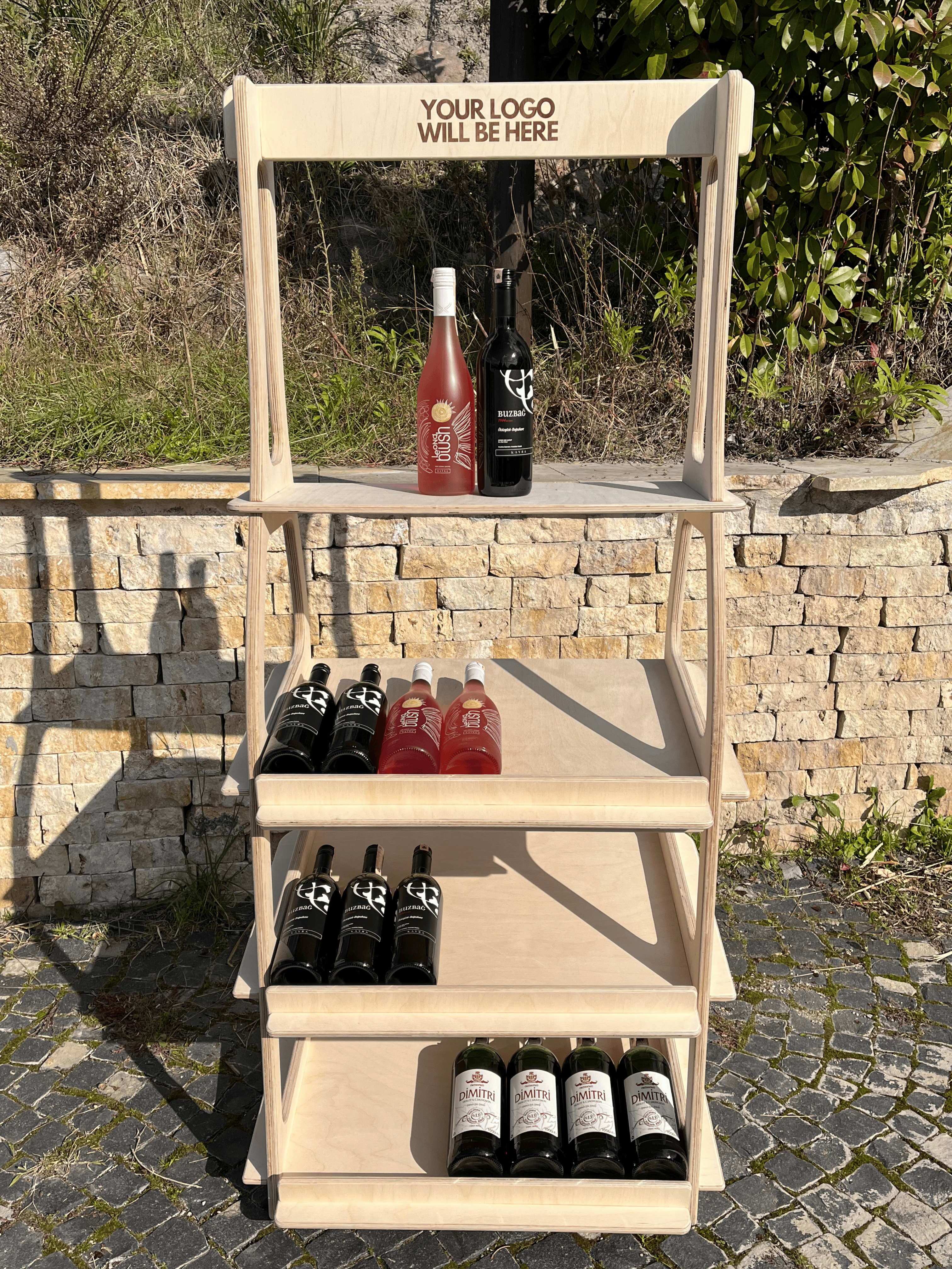Wine Portatif Ahşap Şarap Standı – Zemin Ürün Teşhir Rafı, Pop-Up & Market Şarap Standı